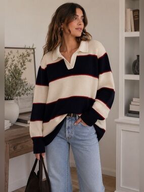 ASOS DESIGN Oversized Rugby Stripe Knit Sweater XL | Cream Navy Red